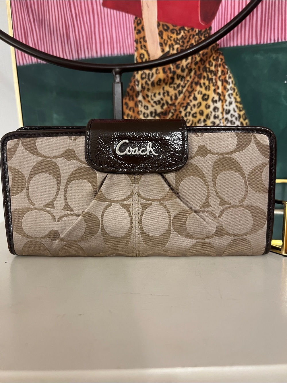 Coach Tan and Dark Brown Signature Zip Wallet